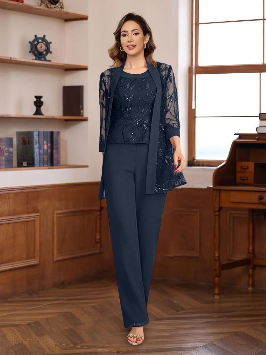 3 Pieces Chiffon Round Neck Floor-Length Mother of the Bride Pantsuits with Sequins - Image 33