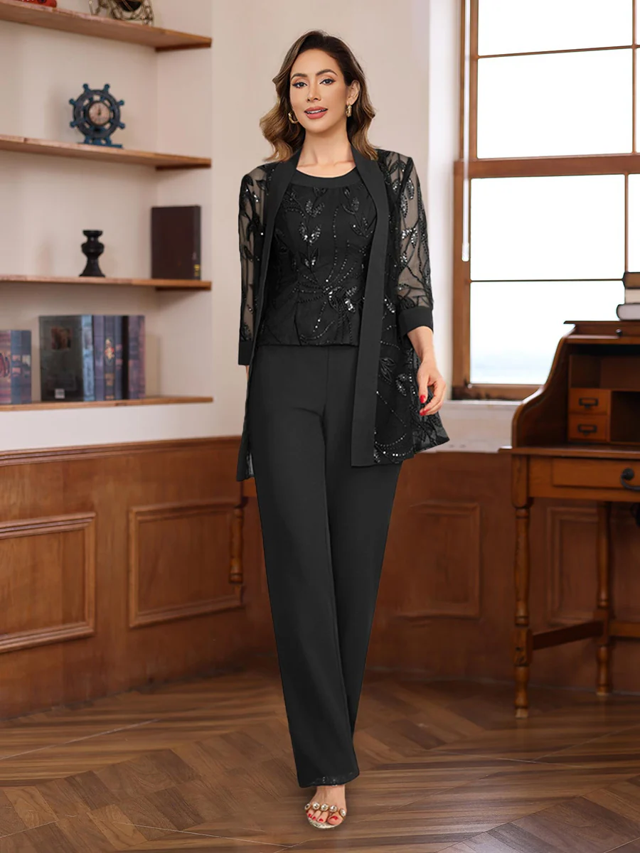 3 Pieces Chiffon Round Neck Floor-Length Mother of the Bride Pantsuits with Sequins - Image 4