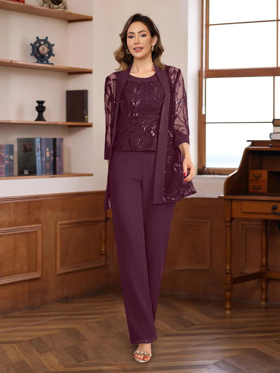 3 Pieces Chiffon Round Neck Floor-Length Mother of the Bride Pantsuits with Sequins - Image 40
