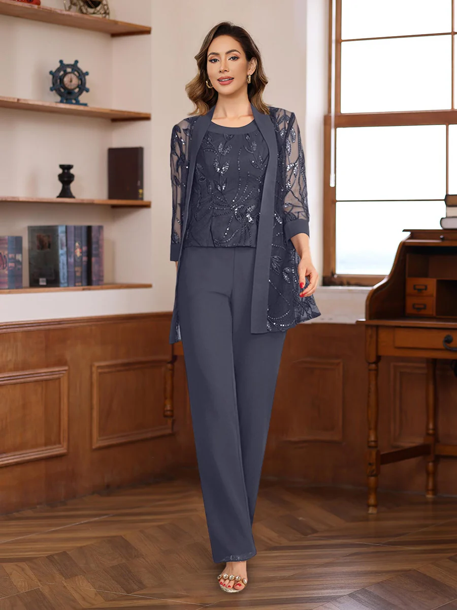 3 Pieces Chiffon Round Neck Floor-Length Mother of the Bride Pantsuits with Sequins - Image 49