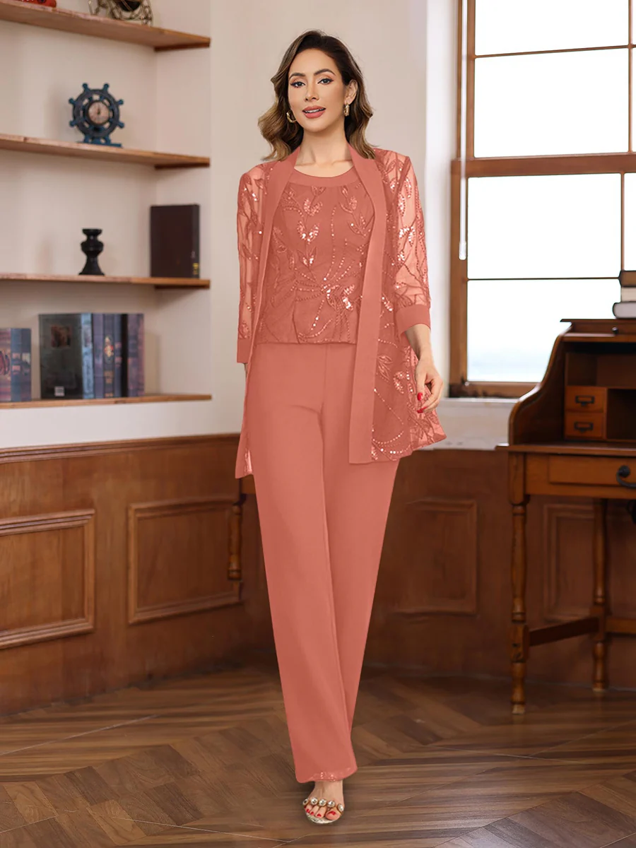 3 Pieces Chiffon Round Neck Floor-Length Mother of the Bride Pantsuits with Sequins - Image 52