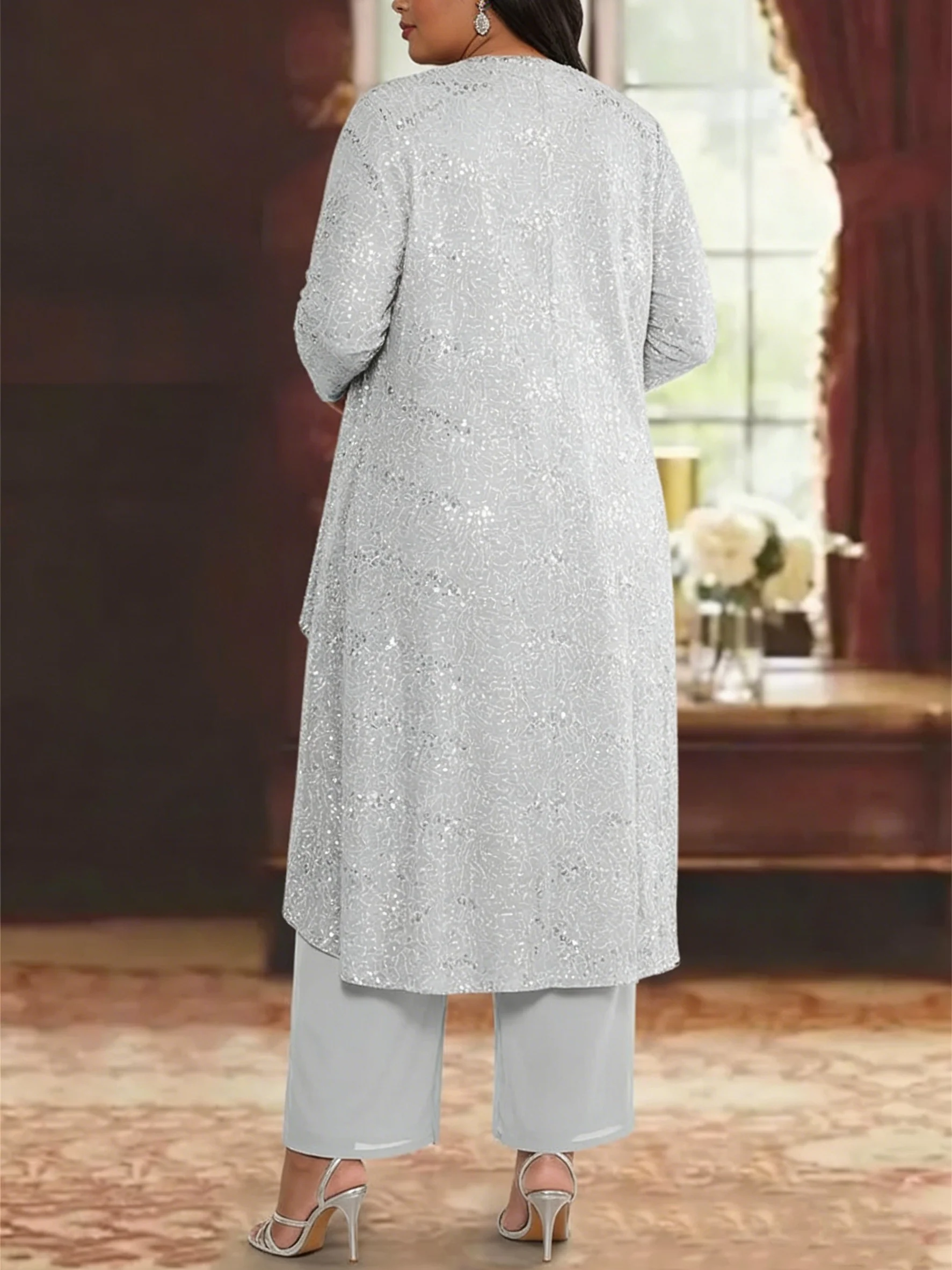 3 Pieces Chiffon Sequins Scoop Plus Size Mother of the Bride Pantsuits with Jacket Long Sleeves Ankle-Length - Image 2