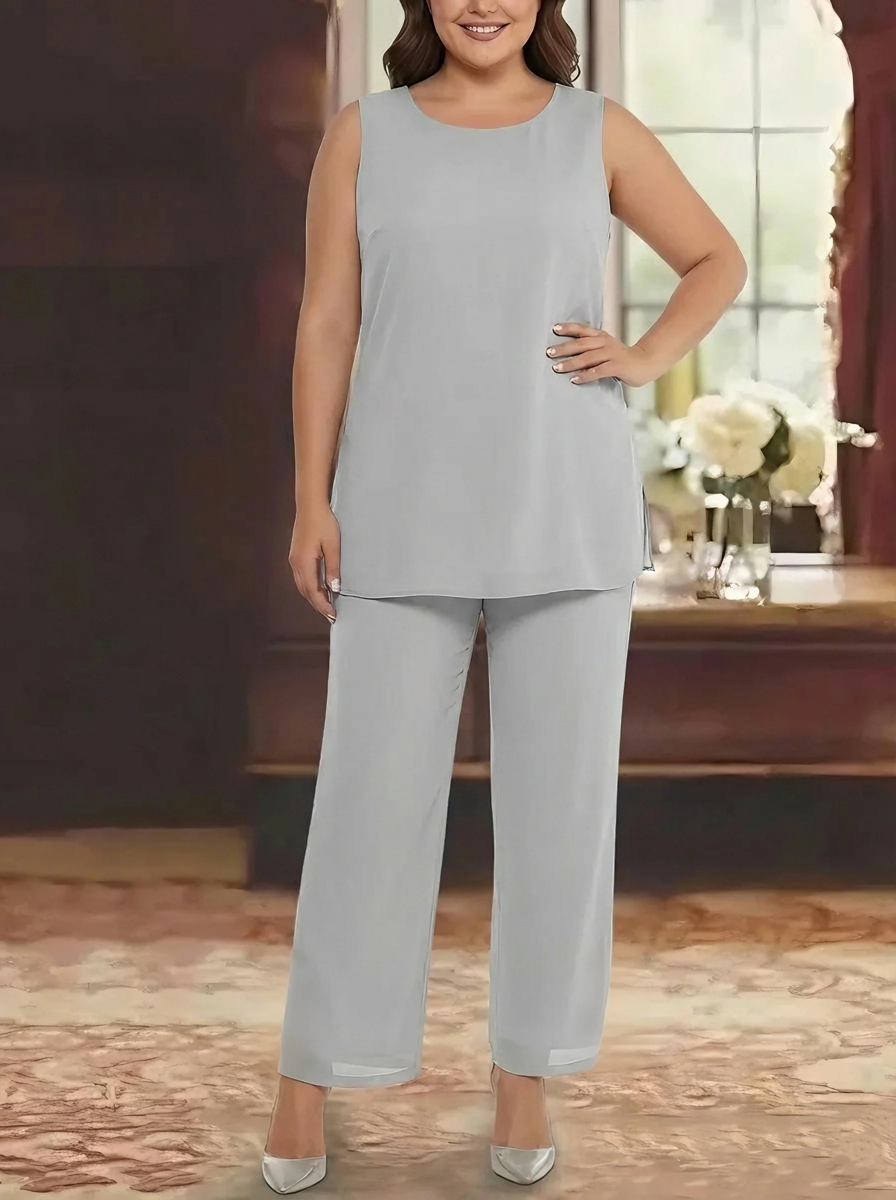 3 Pieces Chiffon Sequins Scoop Plus Size Mother of the Bride Pantsuits with Jacket Long Sleeves Ankle-Length - Image 3