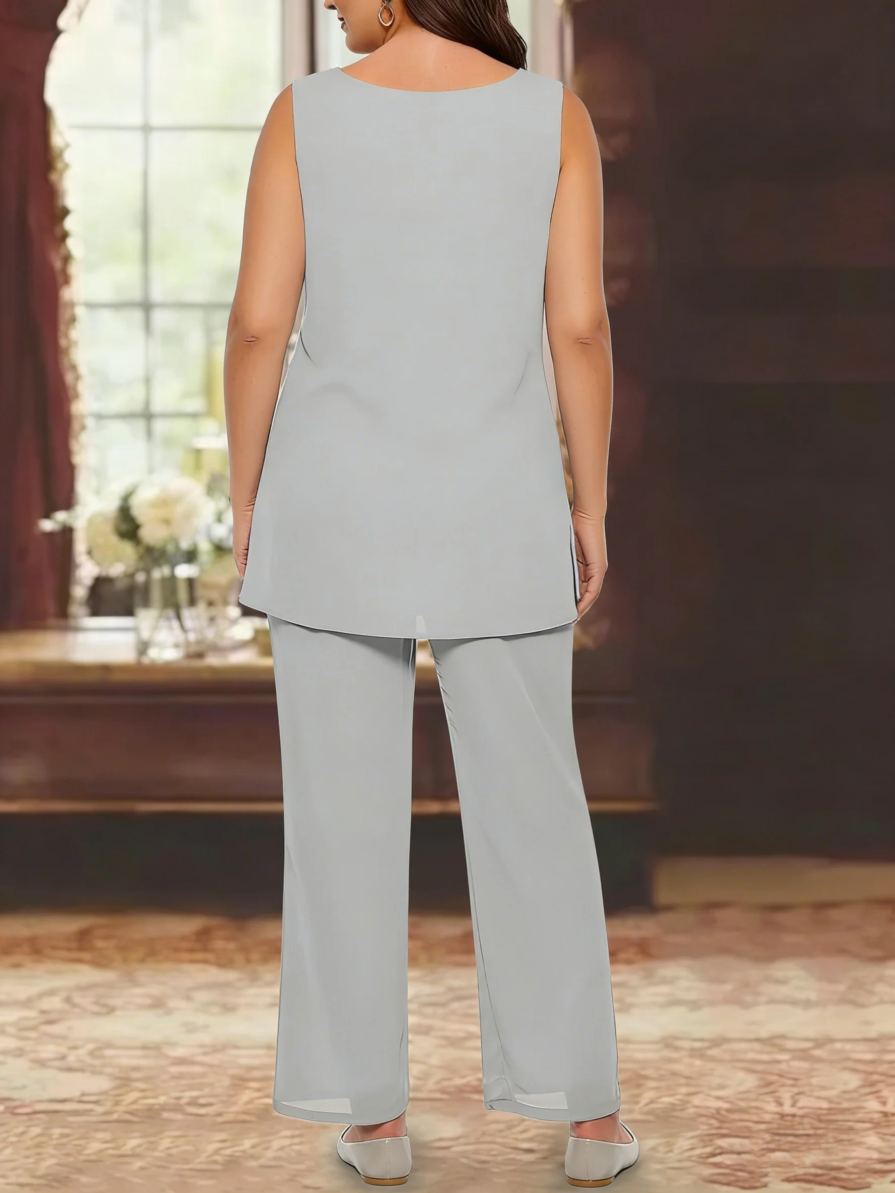 3 Pieces Chiffon Sequins Scoop Plus Size Mother of the Bride Pantsuits with Jacket Long Sleeves Ankle-Length - Image 4