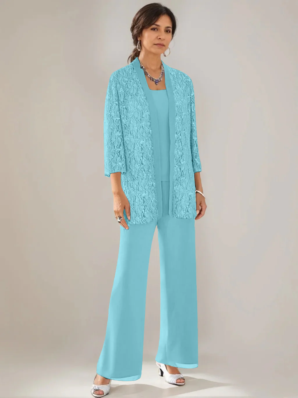 3 Pieces Scoop Neck 3/4 Sleeves Ankle-Length Mother of the Bride Pantsuits with Lace & Sequins & Jacket - Image 16