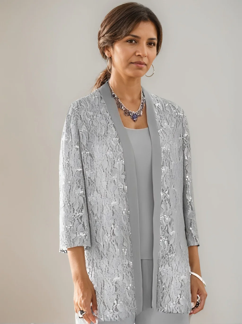 3 Pieces Scoop Neck 3/4 Sleeves Ankle-Length Mother of the Bride Pantsuits with Lace & Sequins & Jacket - Image 2