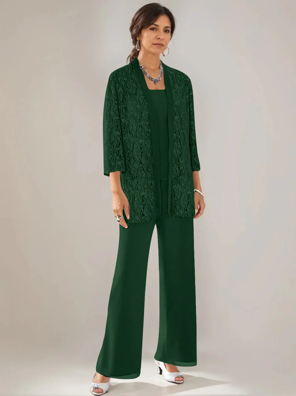 3 Pieces Scoop Neck 3/4 Sleeves Ankle-Length Mother of the Bride Pantsuits with Lace & Sequins & Jacket - Image 24