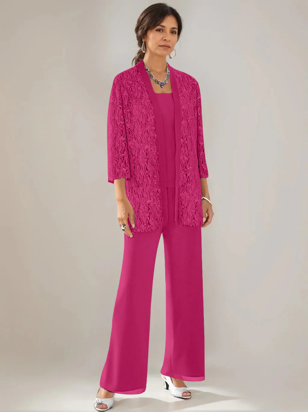 3 Pieces Scoop Neck 3/4 Sleeves Ankle-Length Mother of the Bride Pantsuits with Lace & Sequins & Jacket - Image 29