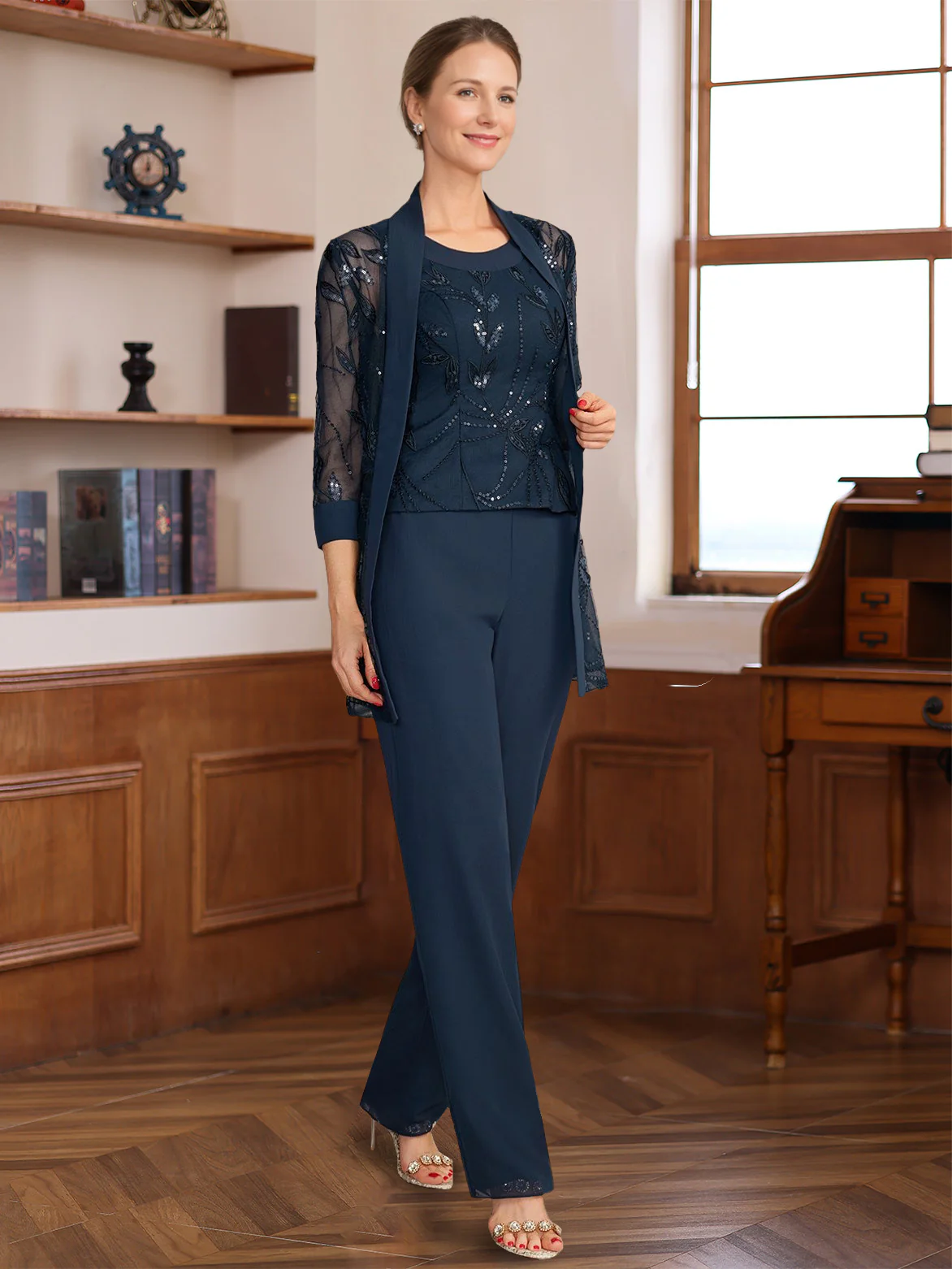 3 Pieces Scoop Sleeveless Floor-Length Mother of the Bride Pantsuits with Appliques & Sequins & Jacket - Image 3
