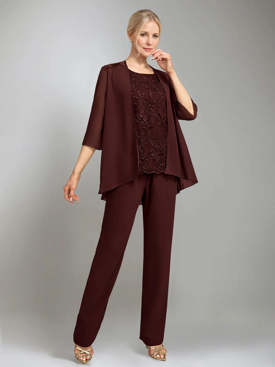 3 Pieces Scoop Sleeveless Floor-Length Mother of the Bride Pantsuits with Jacket - Image 10
