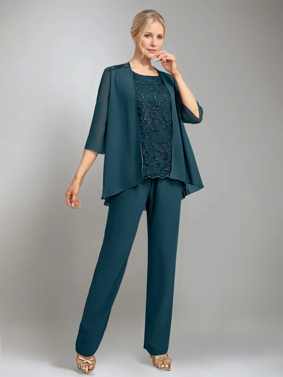 3 Pieces Scoop Sleeveless Floor-Length Mother of the Bride Pantsuits with Jacket - Image 28