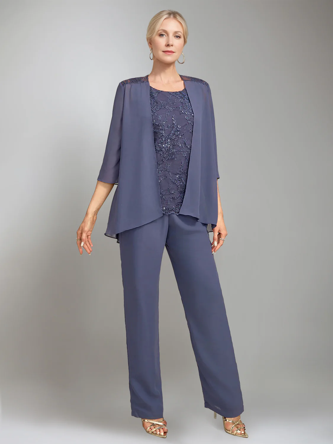 3 Pieces Scoop Sleeveless Floor-Length Mother of the Bride Pantsuits with Jacket - Image 3