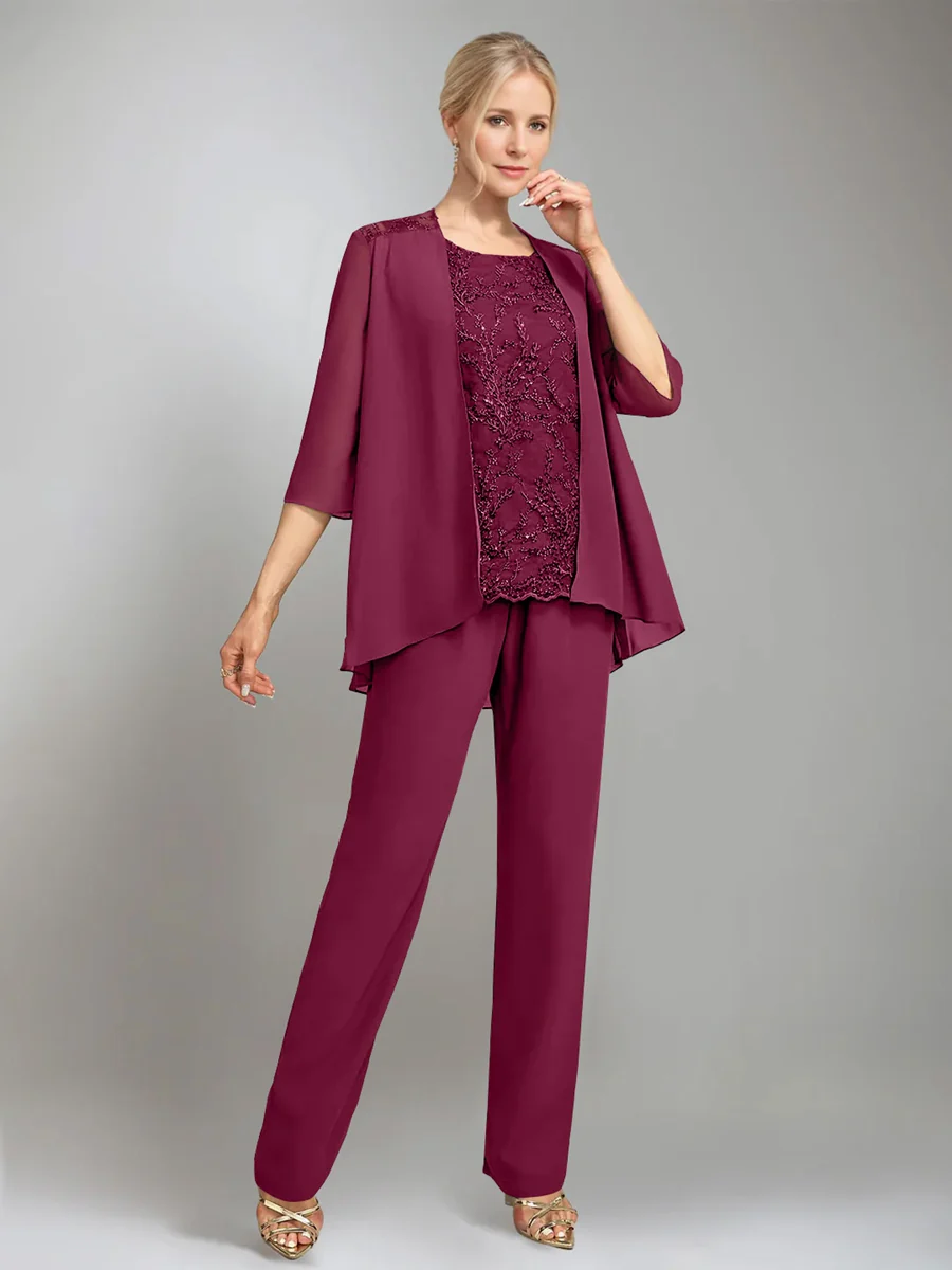 3 Pieces Scoop Sleeveless Floor-Length Mother of the Bride Pantsuits with Jacket - Image 39
