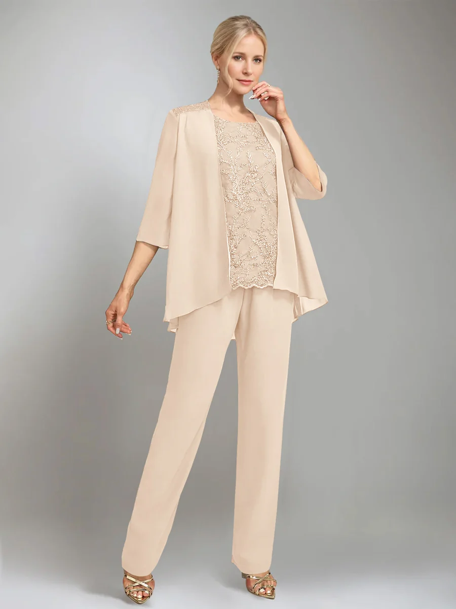 3 Pieces Scoop Sleeveless Floor-Length Mother of the Bride Pantsuits with Jacket - Image 41