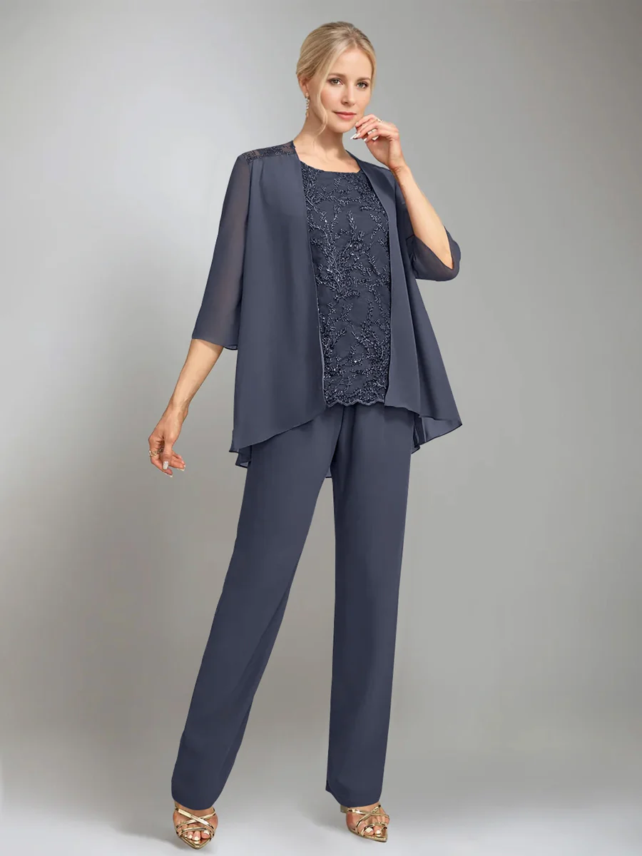 3 Pieces Scoop Sleeveless Floor-Length Mother of the Bride Pantsuits with Jacket - Image 52