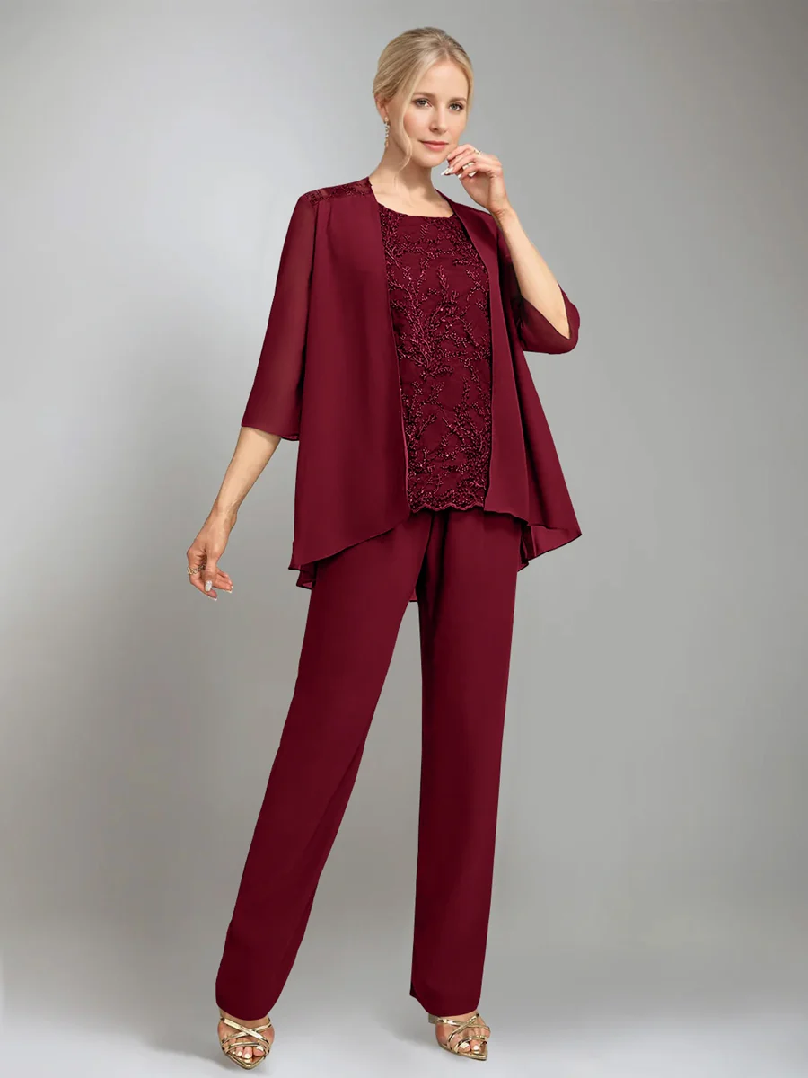 3 Pieces Scoop Sleeveless Floor-Length Mother of the Bride Pantsuits with Jacket - Image 9