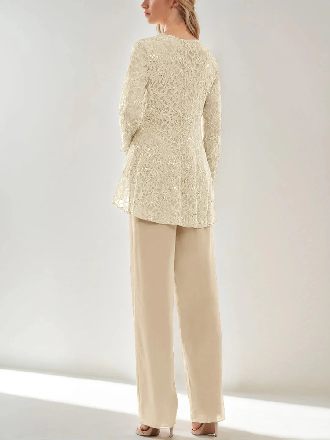 3 Pieces Scoop Sleeveless Floor-Length Wedding Guest Pantsuits with Lace Ruffles & Sequins - Image 2
