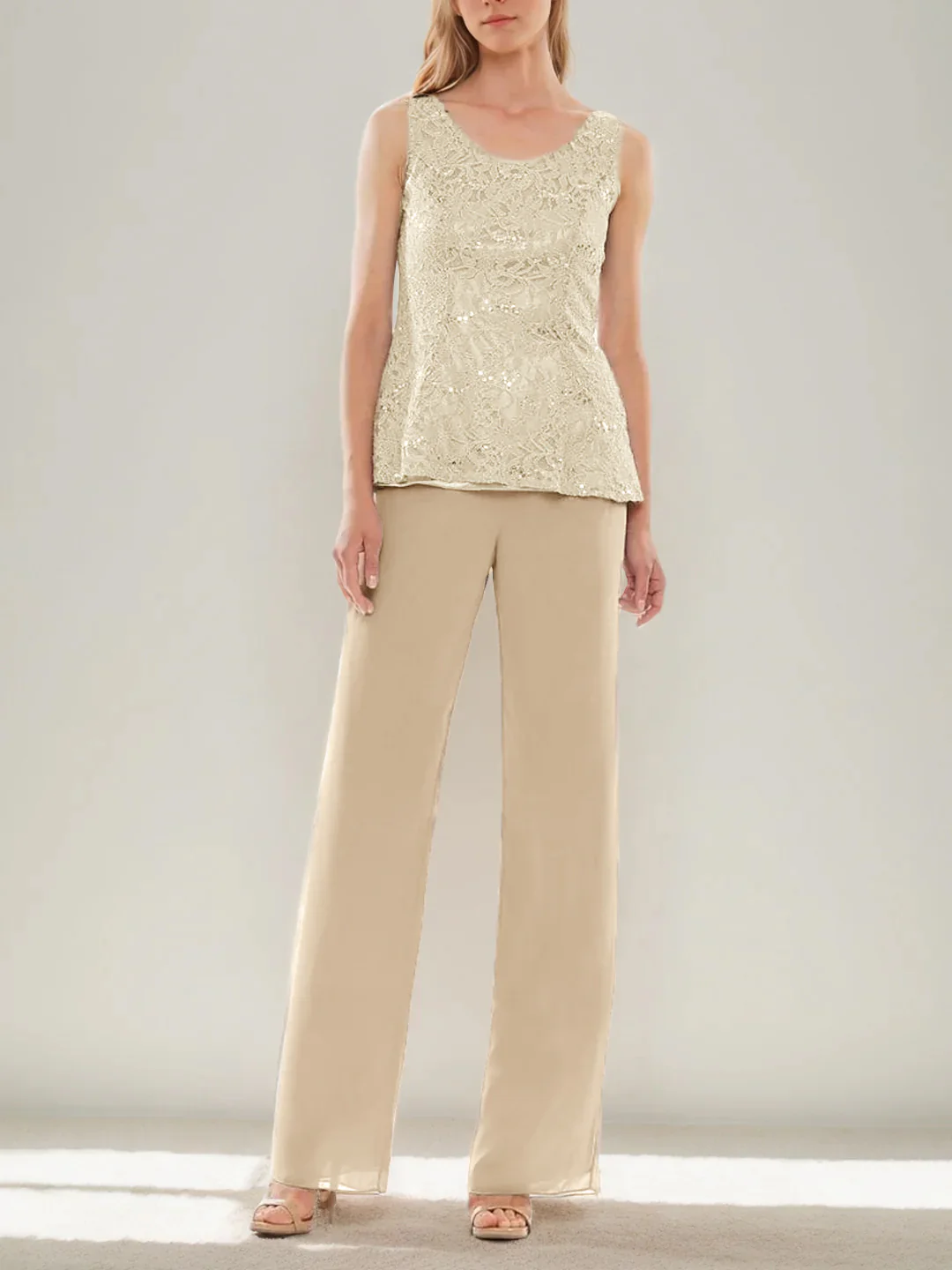 3 Pieces Scoop Sleeveless Floor-Length Wedding Guest Pantsuits with Lace Ruffles & Sequins - Image 3
