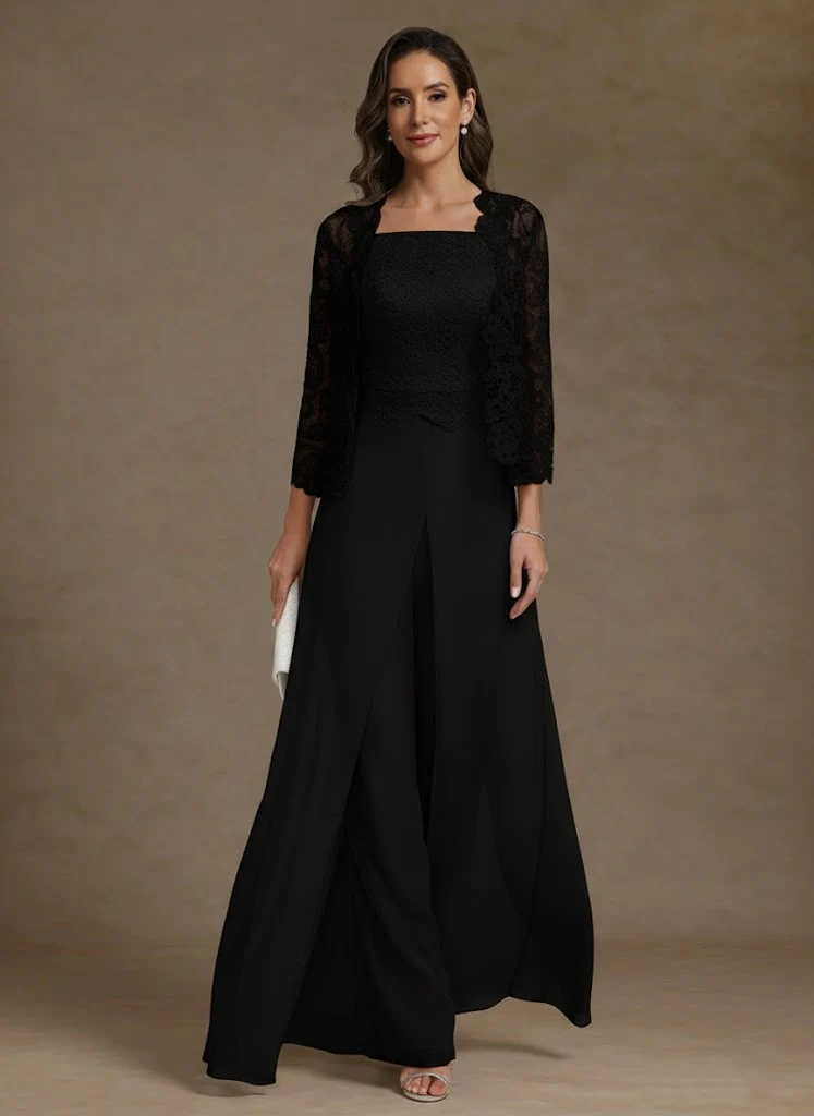 3 Pieces Square Collar Chiffon Mother of the Bride Pantsuits with Jacket Lace Ankle-Length with Overskirt 3/4 Sleeves - Image 3