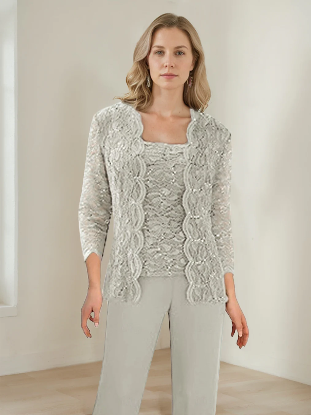 3 Pieces Square Neck 3/4 Sleeves Floor-Length Mother of the Bride Pantsuits with Sequins - Image 2