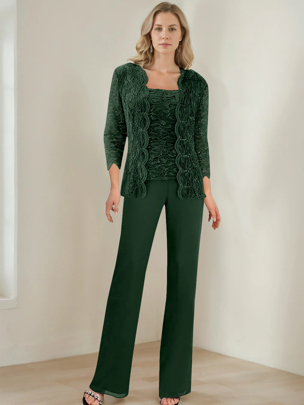 3 Pieces Square Neck 3/4 Sleeves Floor-Length Mother of the Bride Pantsuits with Sequins - Image 23