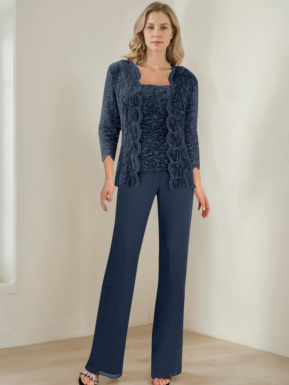 3 Pieces Square Neck 3/4 Sleeves Floor-Length Mother of the Bride Pantsuits with Sequins - Image 32