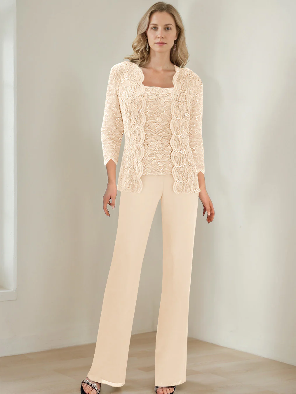 3 Pieces Square Neck 3/4 Sleeves Floor-Length Mother of the Bride Pantsuits with Sequins - Image 37