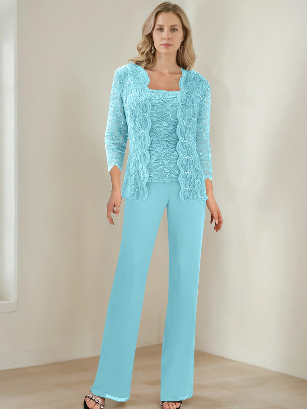 3 Pieces Square Neck 3/4 Sleeves Floor-Length Mother of the Bride Pantsuits with Sequins - Image 4