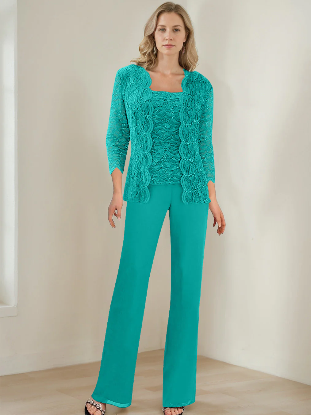 3 Pieces Square Neck 3/4 Sleeves Floor-Length Mother of the Bride Pantsuits with Sequins - Image 40