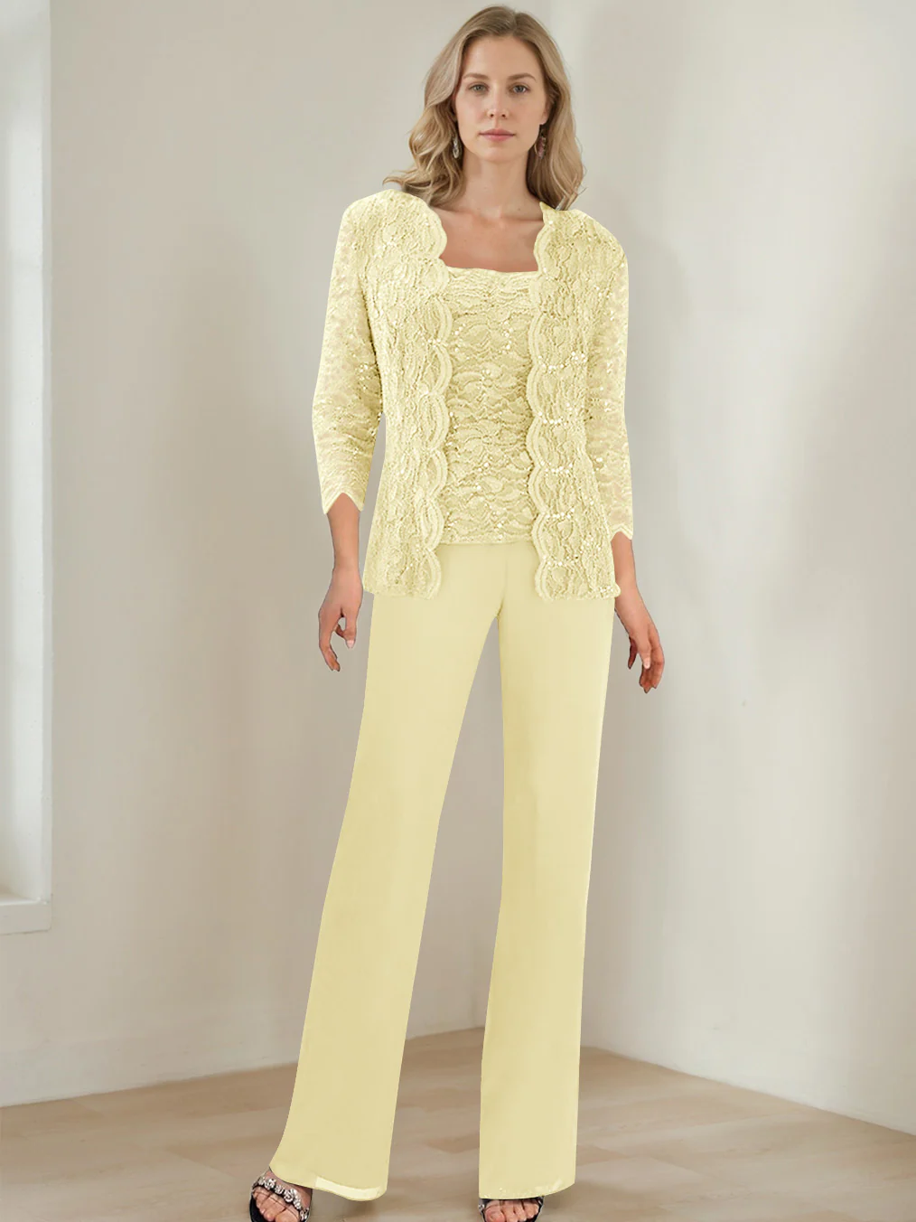 3 Pieces Square Neck 3/4 Sleeves Floor-Length Mother of the Bride Pantsuits with Sequins - Image 55
