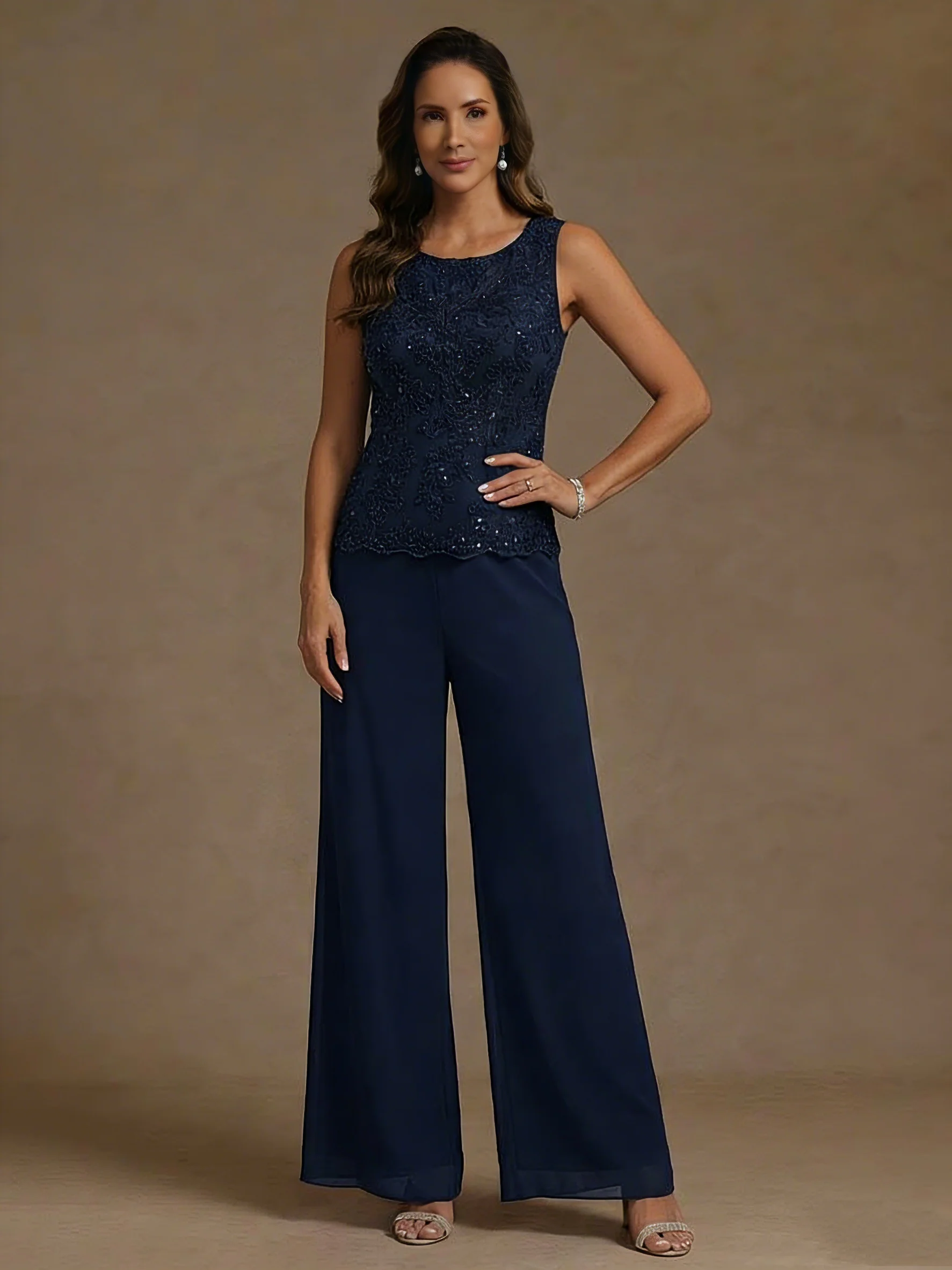 3 Pieces Suit Chiffon Mother of the Bride Pantsuits with Jacket Scoop 3/4 Sleeves Ankle Length Lace Sequins - Image 3