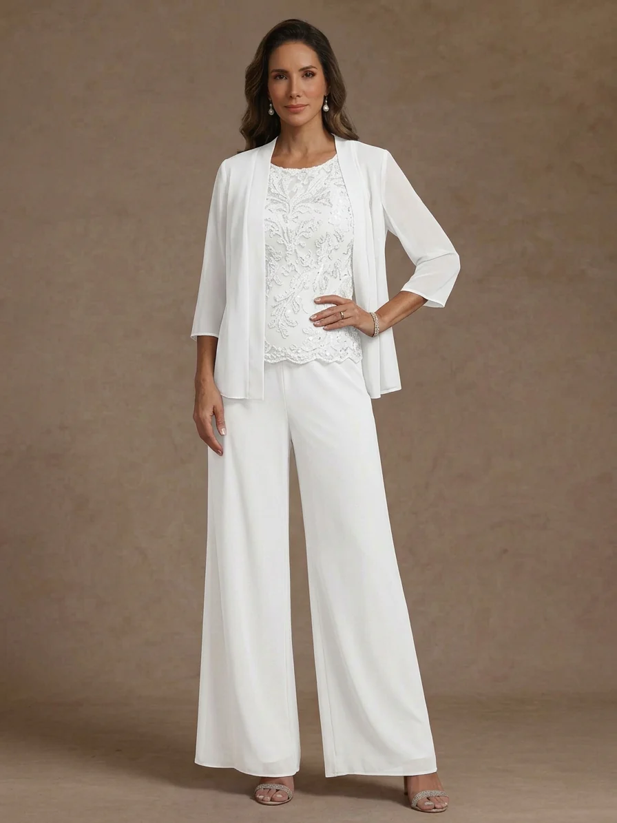 3 Pieces Suit Chiffon Mother of the Bride Pantsuits with Jacket Scoop 3/4 Sleeves Ankle Length Lace Sequins - Image 6