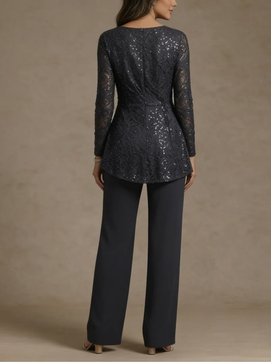 3 Pieces Suit Scoop Chiffon Mother of the Bride Pantsuits Lace Ankle-Length Long Sleeves - Image 2