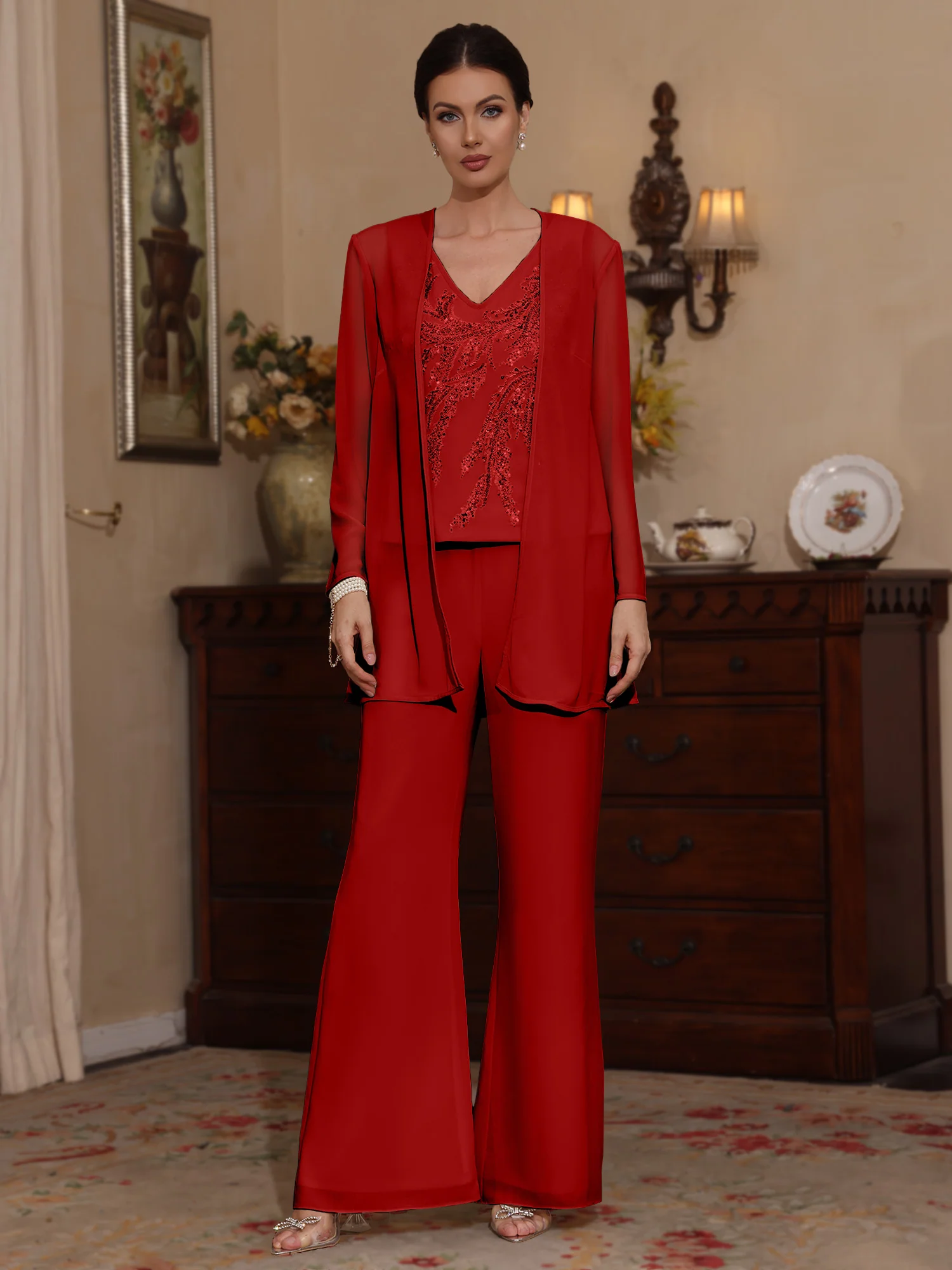 3 Pieces V-Neck Chiffon Mother of the Bride Pantsuits with Jacket Sequins Ankle-Length Long Sleeves - Image 11