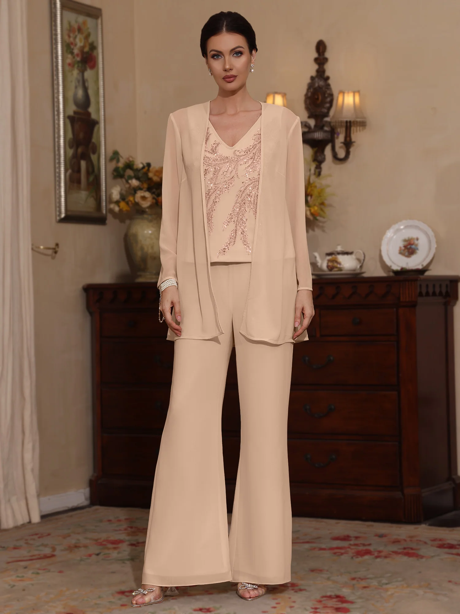 3 Pieces V-Neck Chiffon Mother of the Bride Pantsuits with Jacket Sequins Ankle-Length Long Sleeves - Image 19