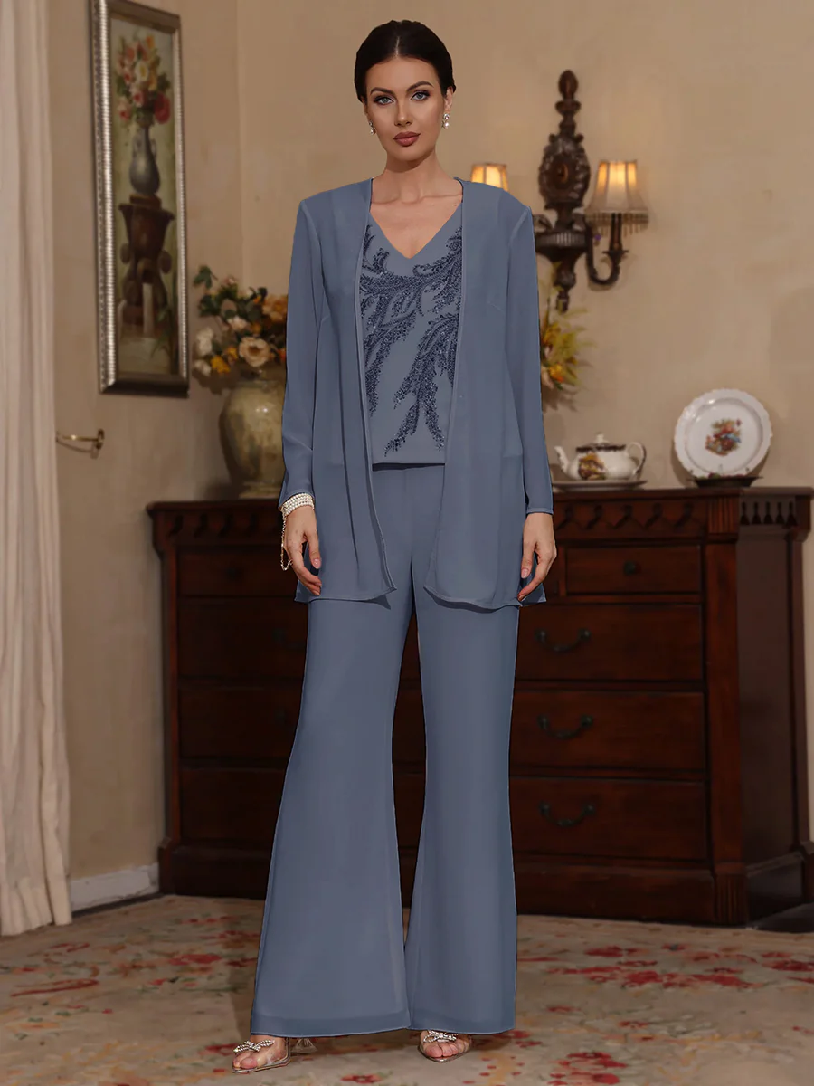 3 Pieces V-Neck Chiffon Mother of the Bride Pantsuits with Jacket Sequins Ankle-Length Long Sleeves - Image 22
