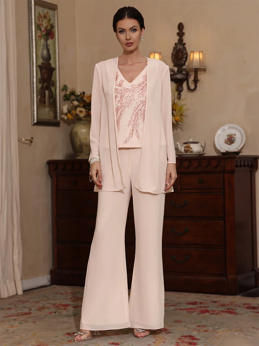 3 Pieces V-Neck Chiffon Mother of the Bride Pantsuits with Jacket Sequins Ankle-Length Long Sleeves - Image 36