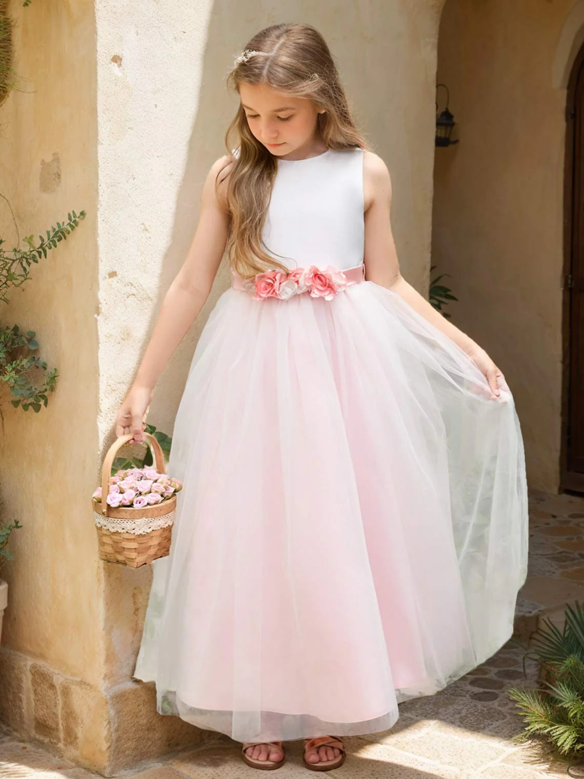 A-line 3D Flower Satin Tulle Ankle-length  Flower Girl Dress - Image 2