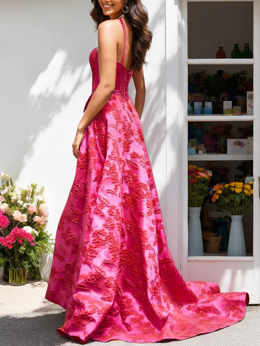 A-Line Elegant Spaghetti Straps Sleeveless Floral Long Prom Dresses with Pleats & High Split - Image 2