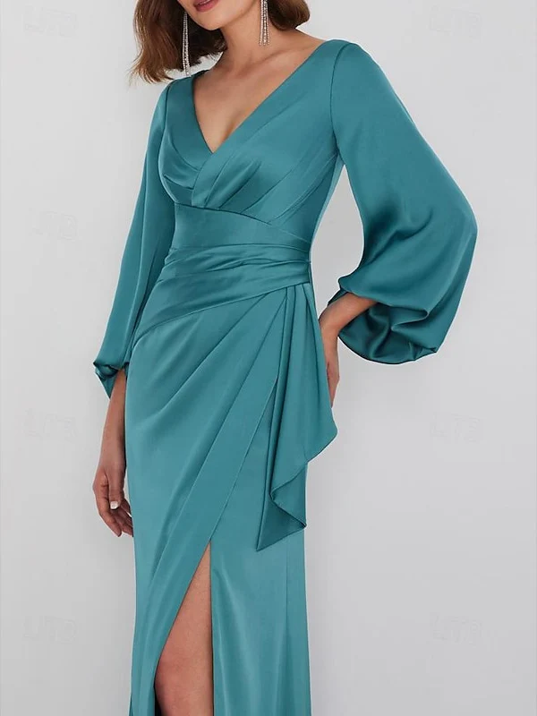 A-Line Floor Length Long Sleeve V Neck Wedding Guest Dresses Tie Charmeuse with Ruched - Image 2