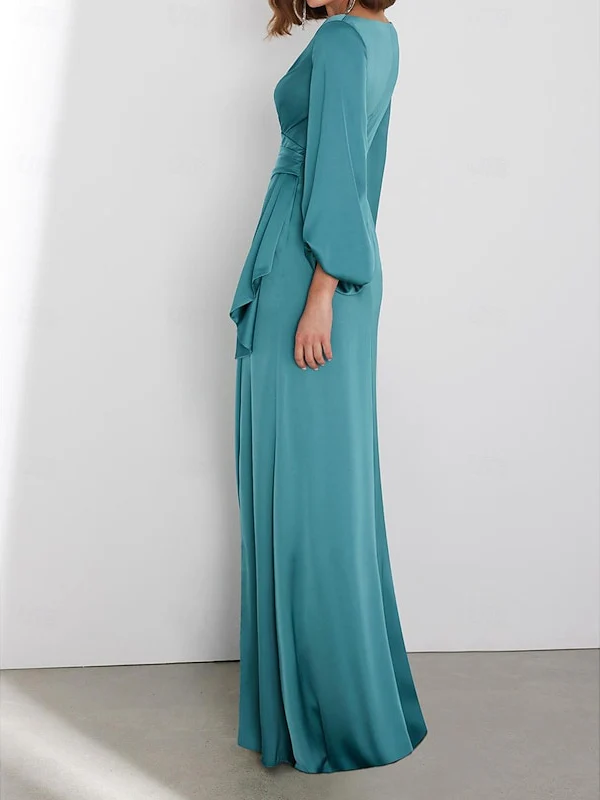 A-Line Floor Length Long Sleeve V Neck Wedding Guest Dresses Tie Charmeuse with Ruched - Image 3