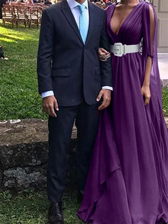 A-Line Floor Length Long Sleeve V Neck Wedding Guest Dresses Chiffon with Belt - Image 2