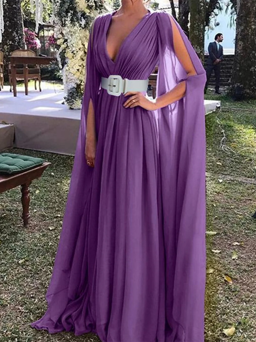 A-Line Floor Length Long Sleeve V Neck Wedding Guest Dresses Chiffon with Belt - Image 3