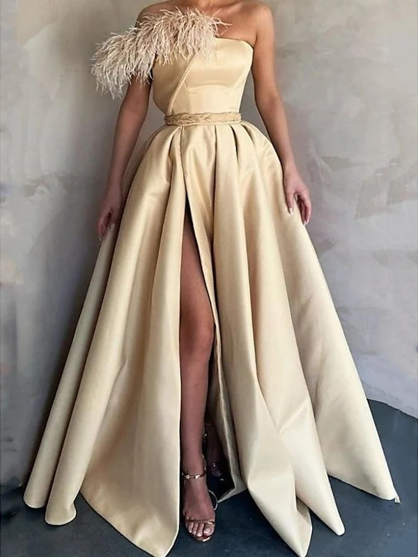 A-Line Floor Length Sleeveless One Shoulder Prom Dress Satin with Feather Slit - Image 2