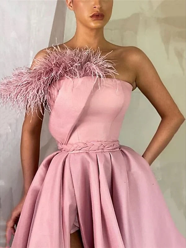 A-Line Floor Length Sleeveless One Shoulder Prom Dress Satin with Feather Slit - Image 3