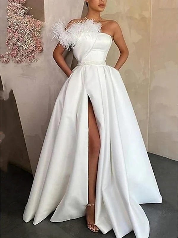 A-Line Floor Length Sleeveless One Shoulder Prom Dress Satin with Feather Slit - Image 4
