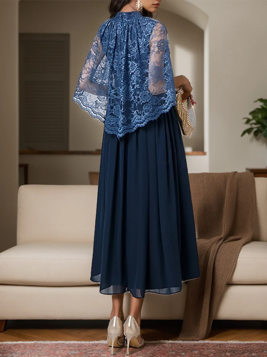 A-Line High Neck Chiffon Tea-Length Mother of the Bride & Groom Dresses with Lace Appliques - Image 2
