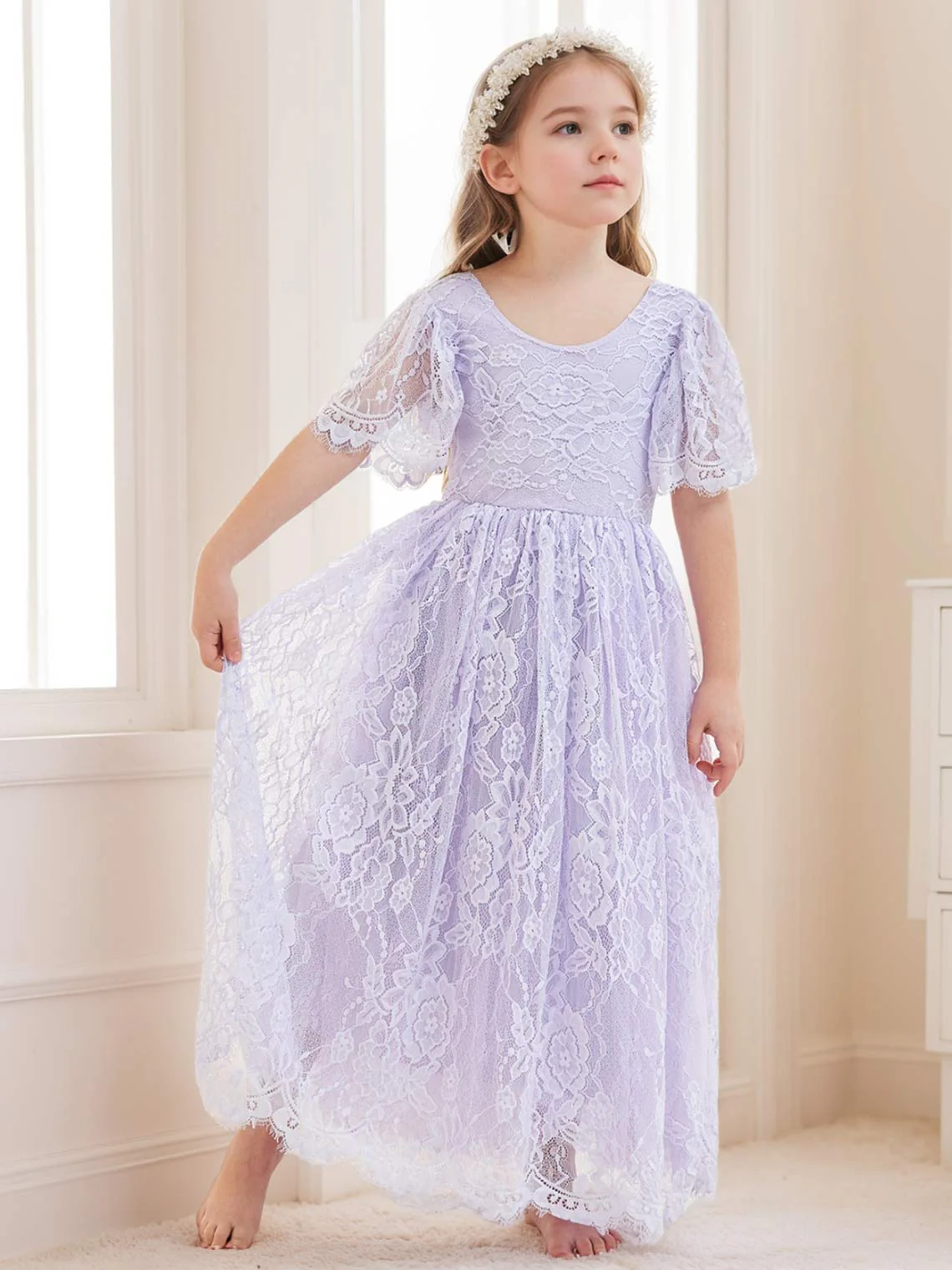 A-line Lace Ankle-length Ivory Boho Flower Girl Dress - Image 19