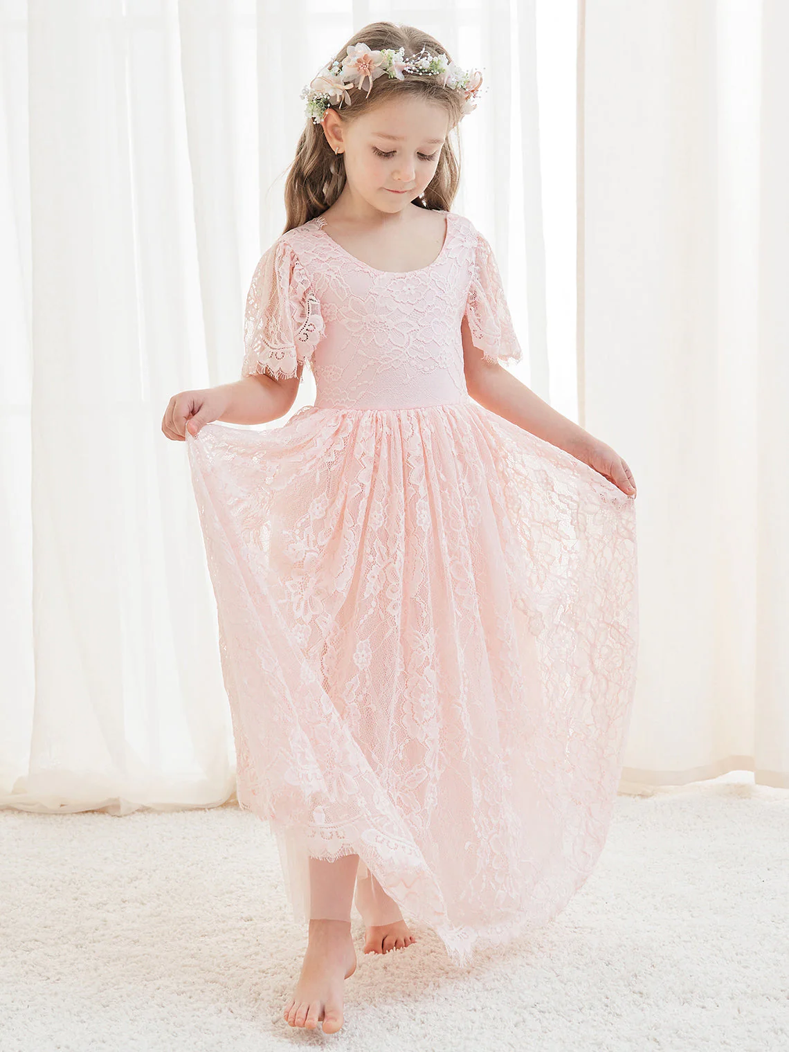 A-line Lace Ankle-length Ivory Boho Flower Girl Dress - Image 24