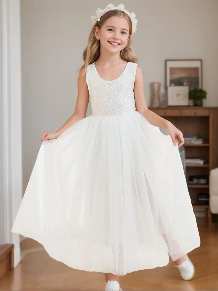A-line Lace Tulle Ankle-length White Dress - Image 3